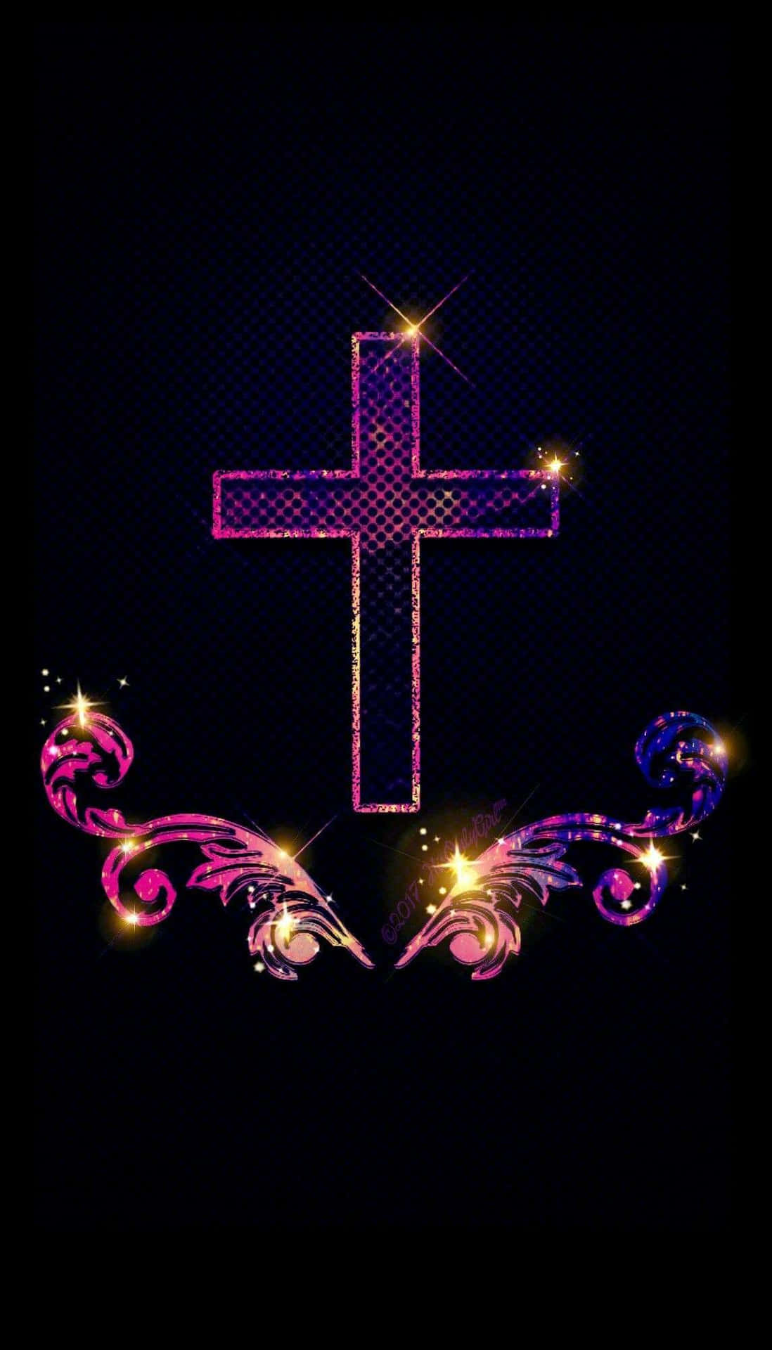 A Cross With A Pink And Purple Design On A Black Background Wallpaper