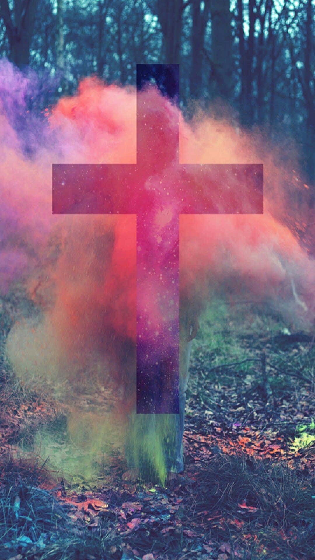 A Cross With Colored Smoke In The Woods Wallpaper