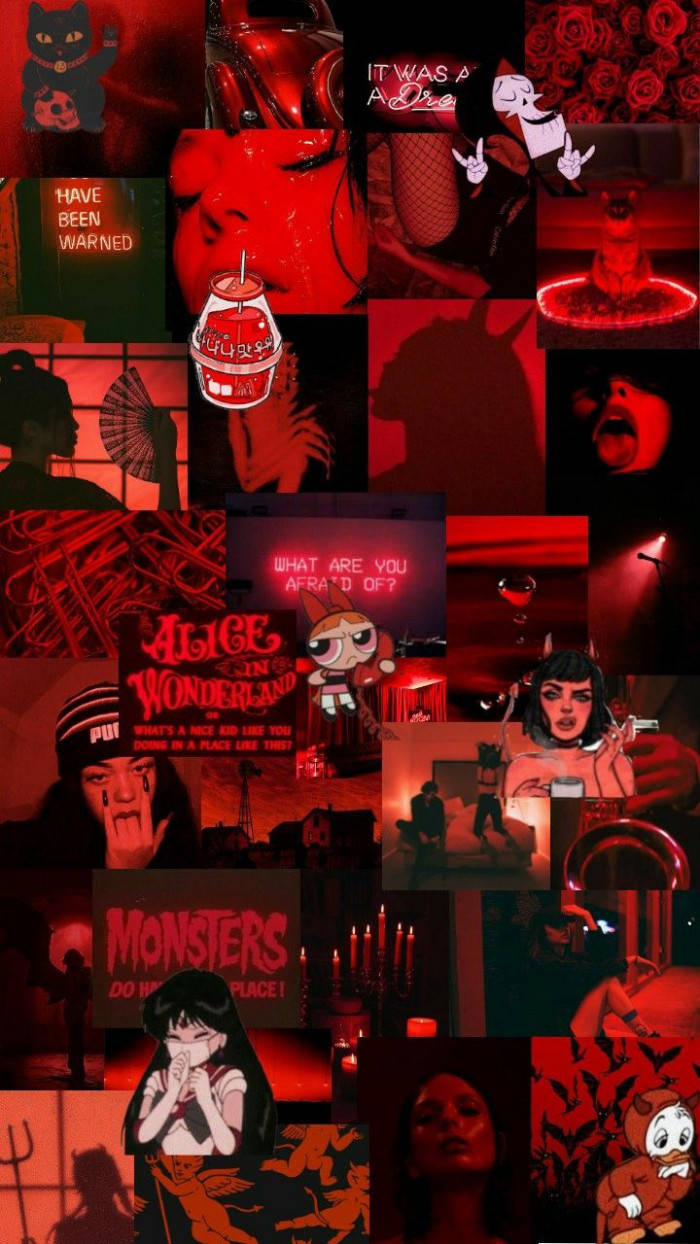 Download Cute Dark Red Cartoon Collage Wallpaper 
