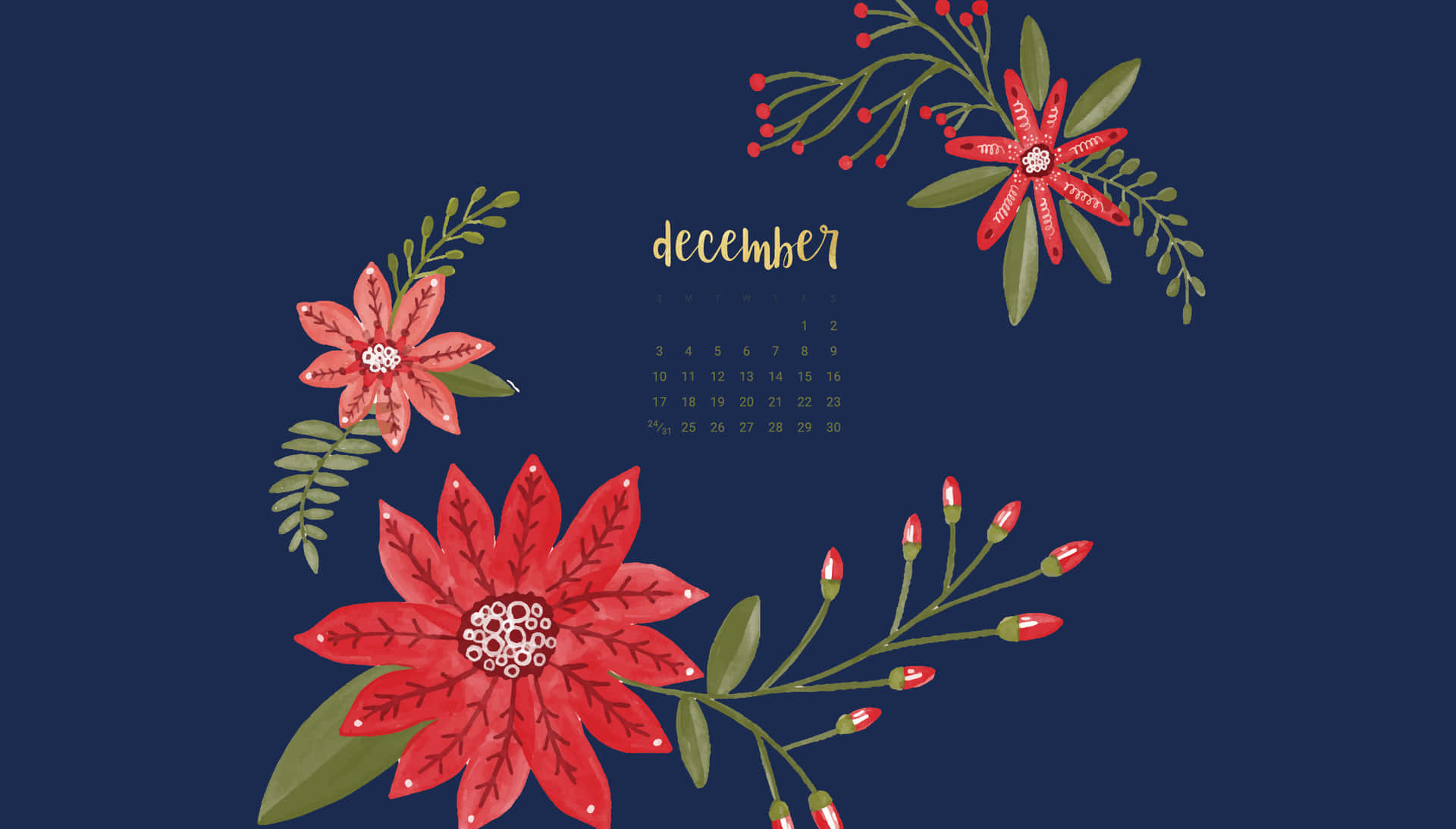 En kalender med røde blomster og blade på en blå baggrund Wallpaper