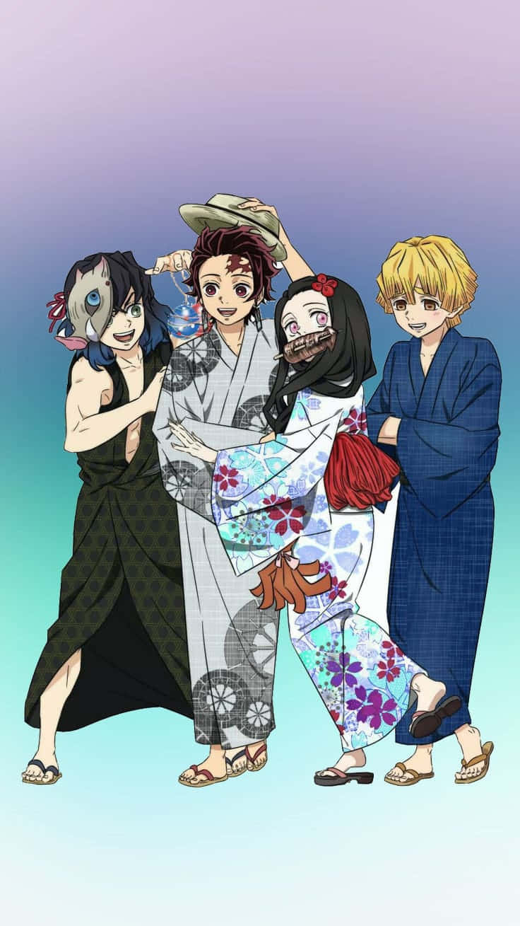 Lindospersonajes De Demon Slayer: Inosuke, Tanjiro, Nezuko Y Zenitsu. Fondo de pantalla