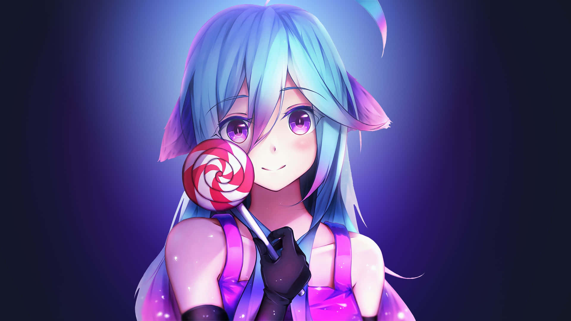 A Girl With Blue Hair And Purple Eyes Holding A Lollipop Wallpaper