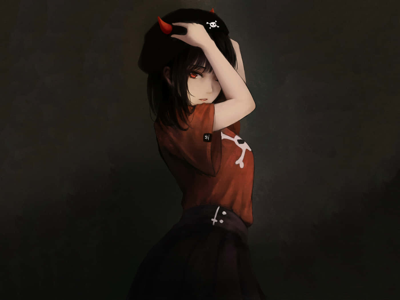 A Girl In A Red Shirt With Horns On Her Head Wallpaper
