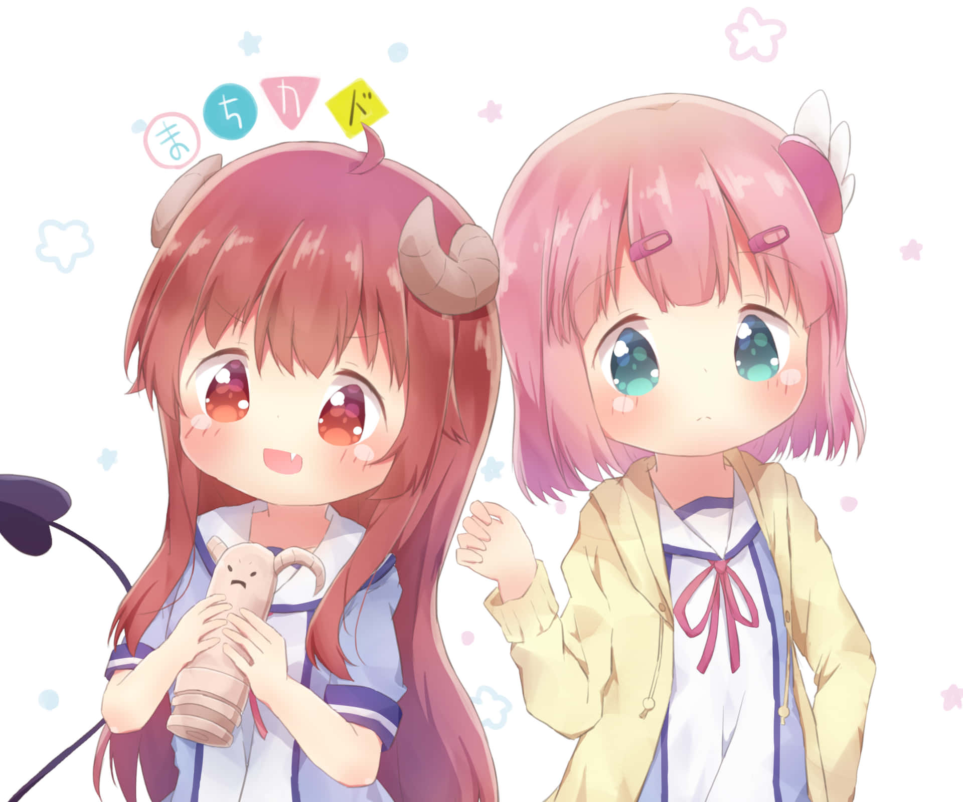 To anime piger med pink hår og horn griner Wallpaper