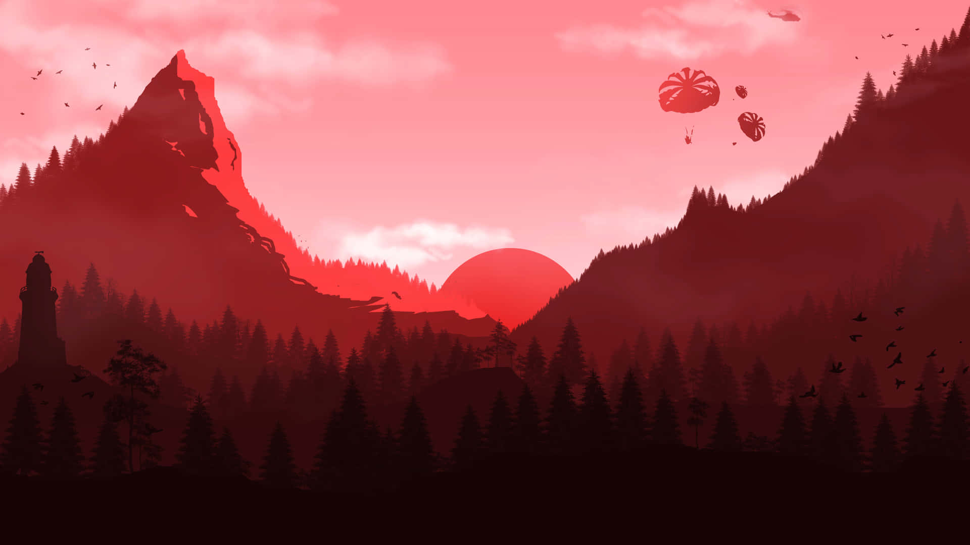 En rød solnedgang med bjerge og træer i baggrunden Wallpaper