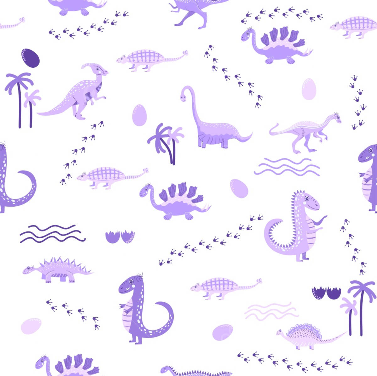 Et lilla dinosaurmønster med palmer og palmer Wallpaper