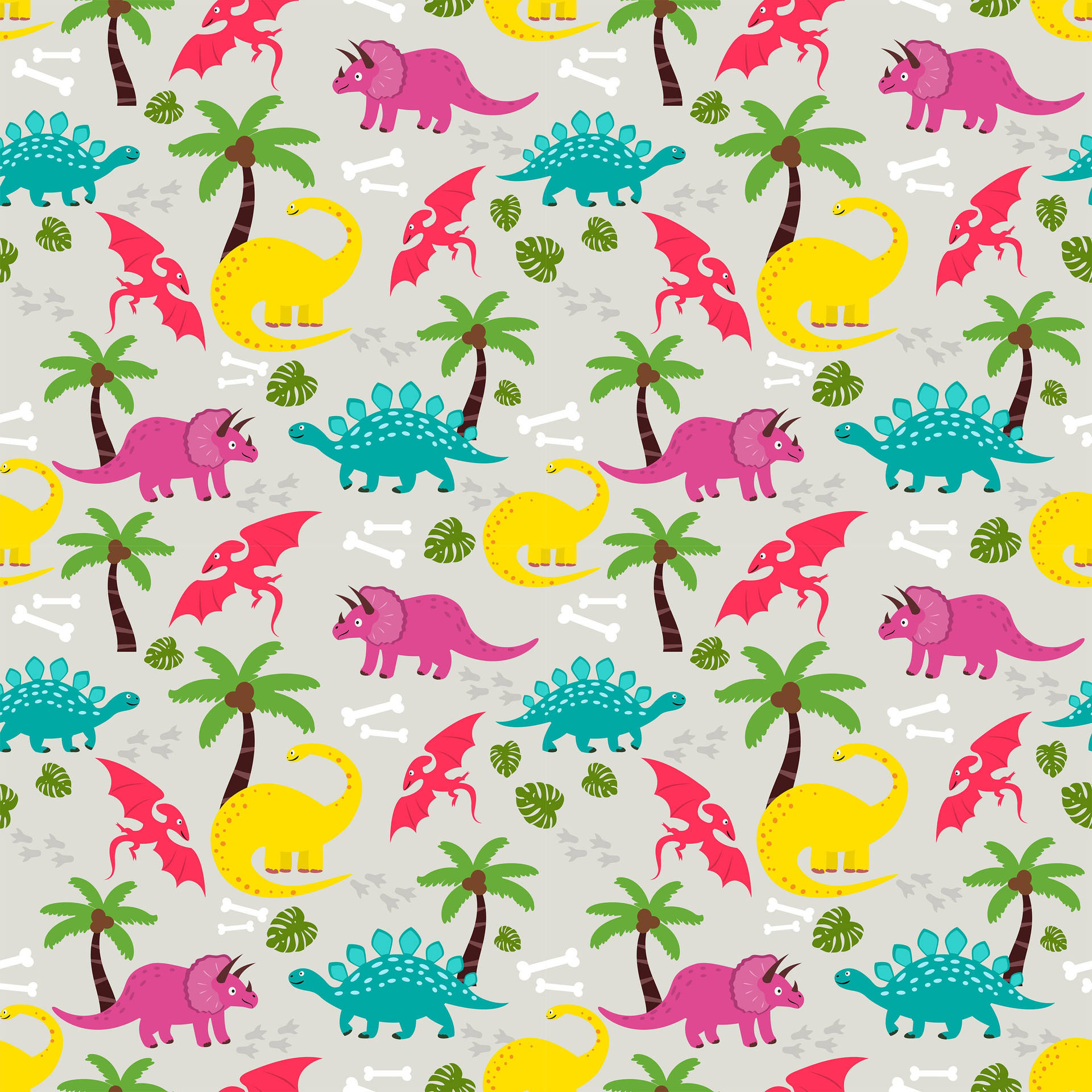 A Colorful Dinosaur Pattern With Palm Trees Wallpaper