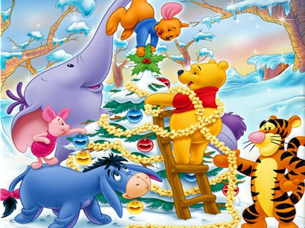 Cute Disney Christmas Pooh And Friends Wallpaper