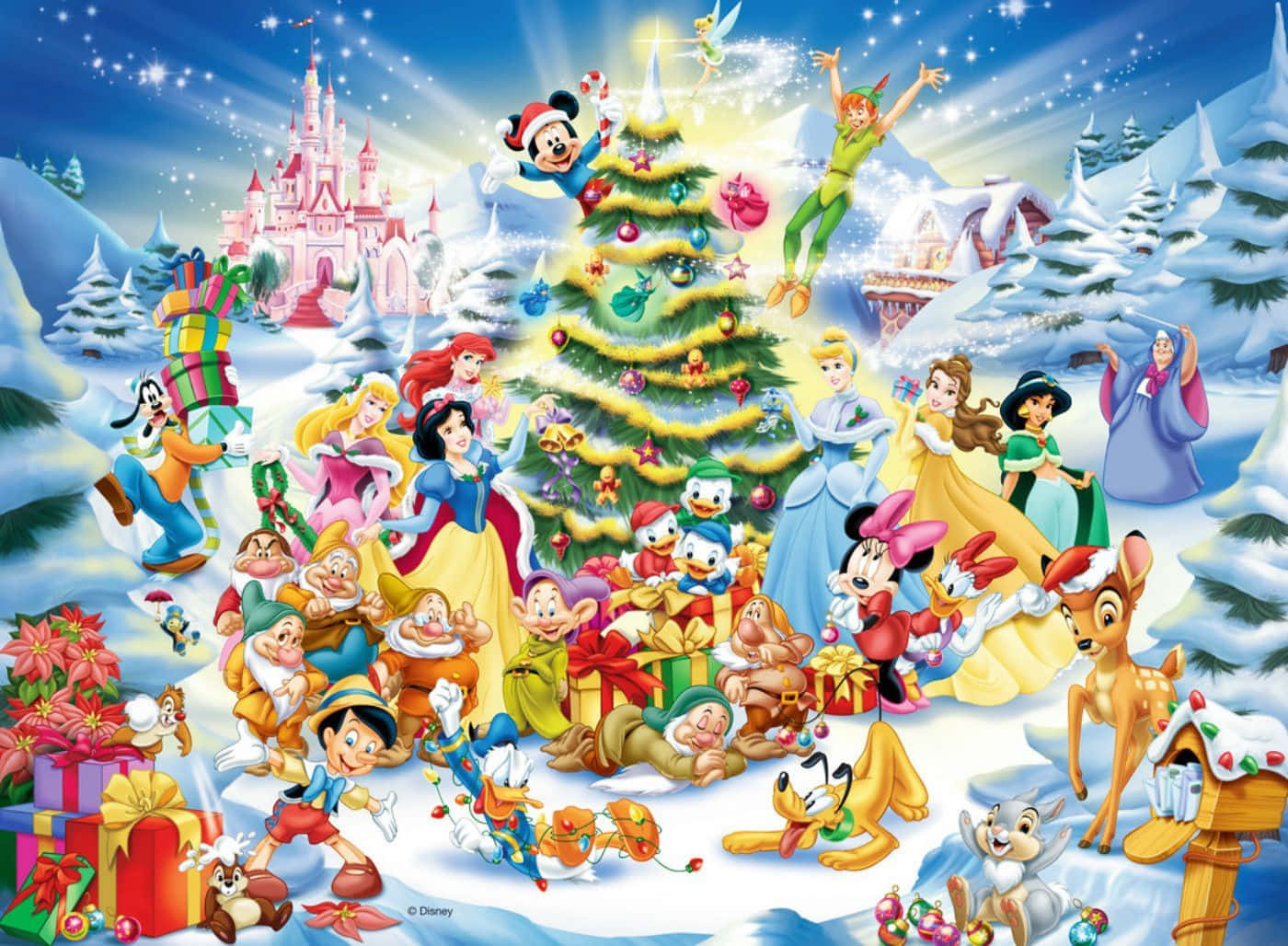 Cute Disney Christmas Princesses And Elves Wallpaper