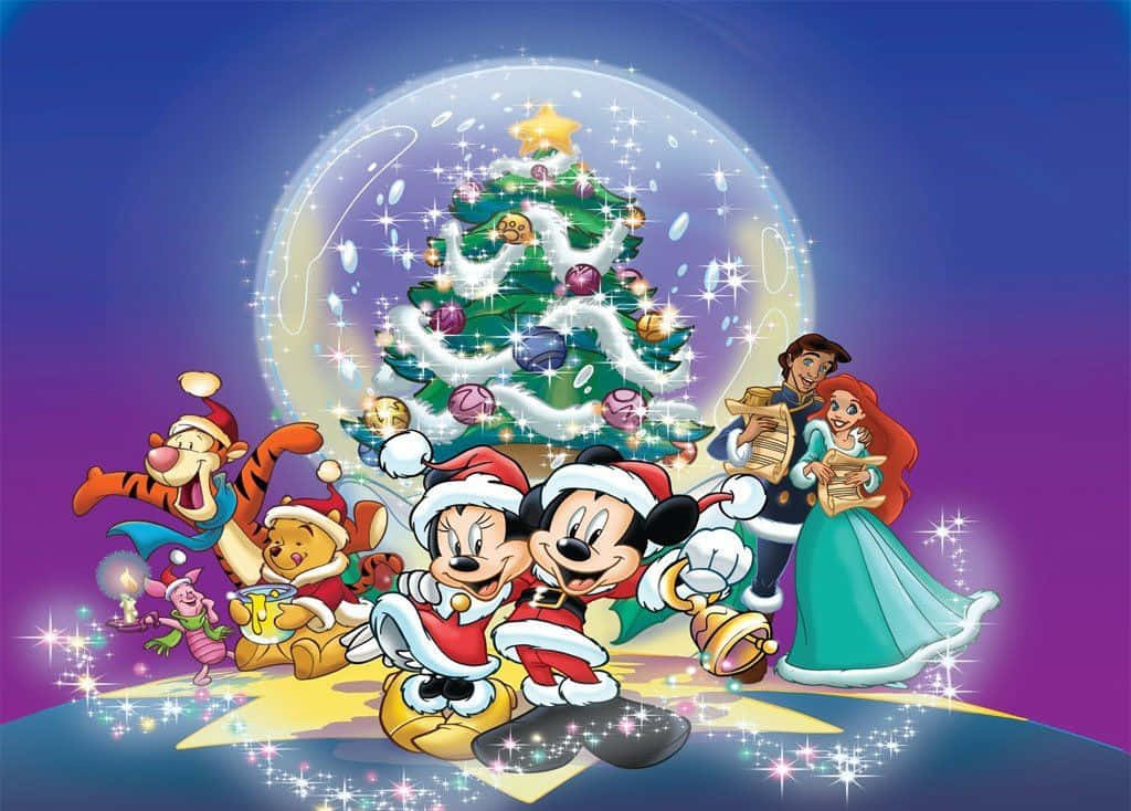 Cute Disney Christmas Tree Cartoon Characters Wallpaper