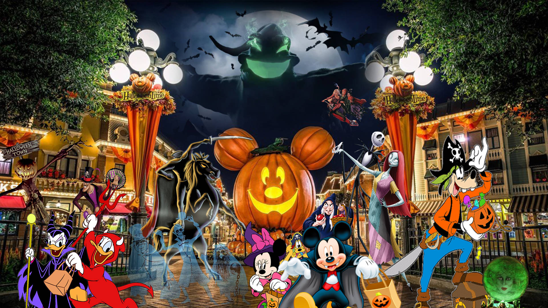 Sötdisney Halloween-gjutning I Disneyland. Wallpaper