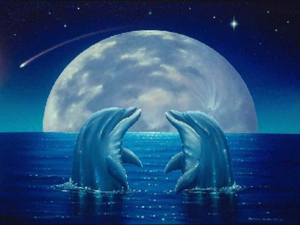 Cute Dolphin Couple Moon Wallpaper