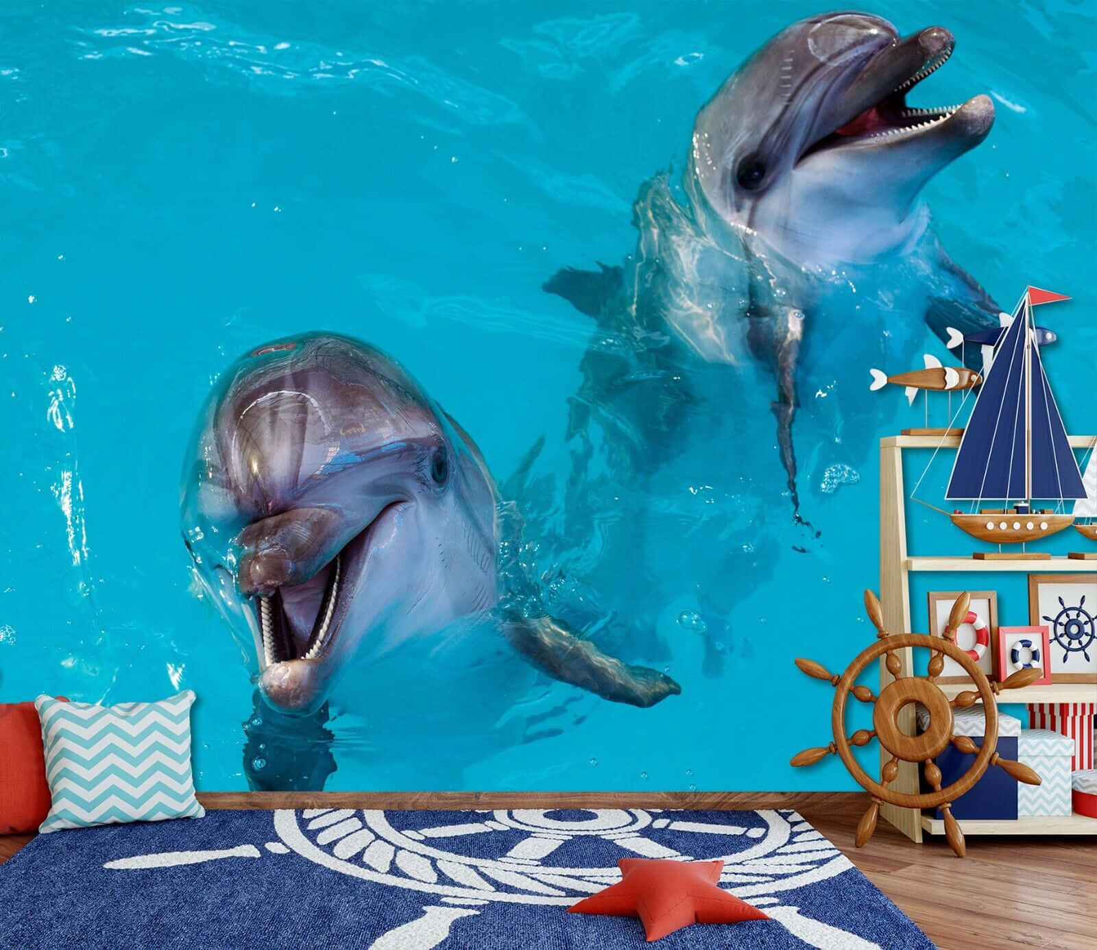 Diseñode Pared De Dormitorio Con Delfines Lindos. Fondo de pantalla