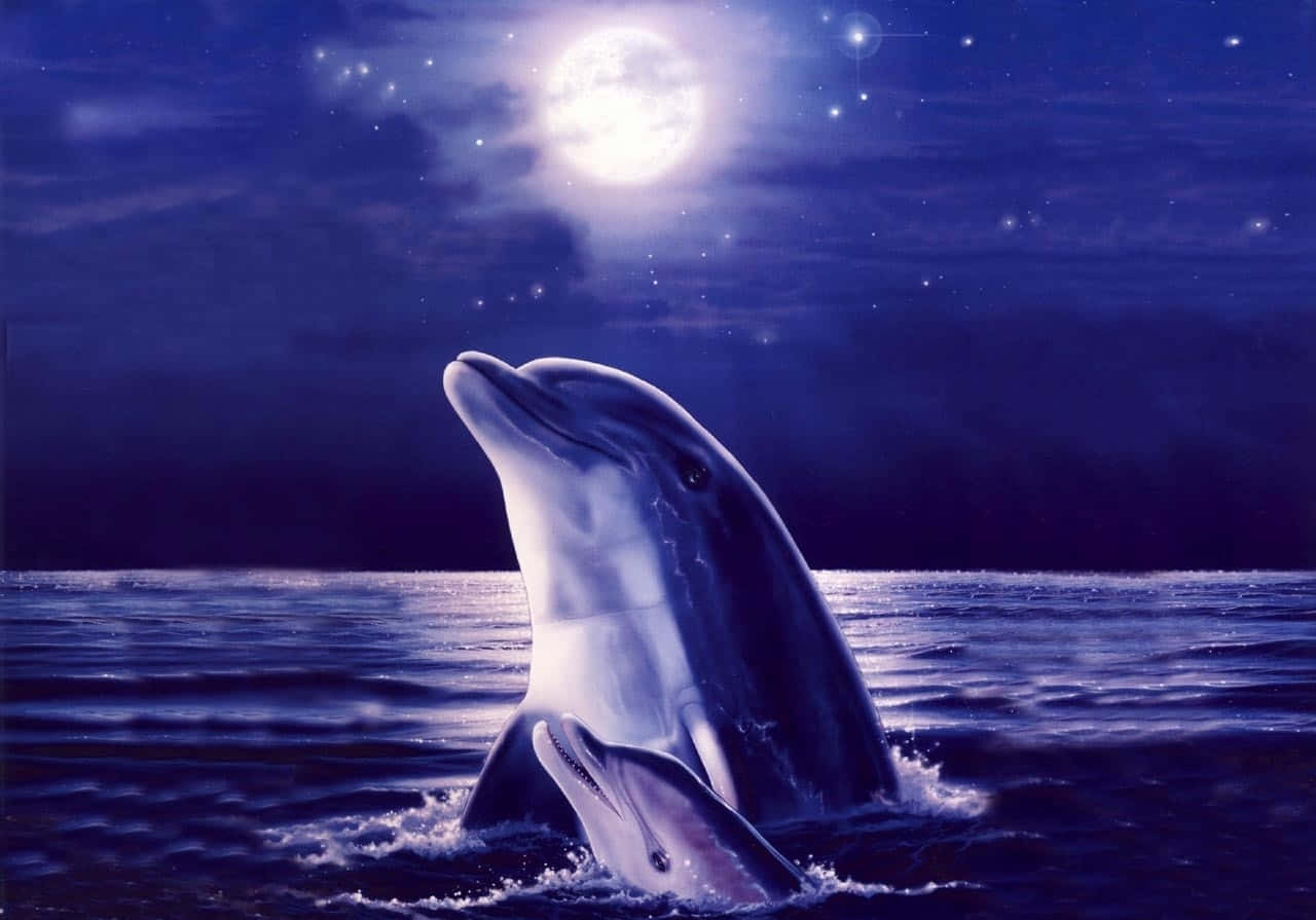 Sötadelfiner Målning Av Månen. Wallpaper