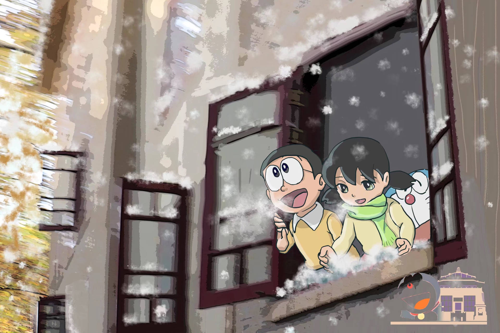 Cute Doraemon Admiring Snowfall