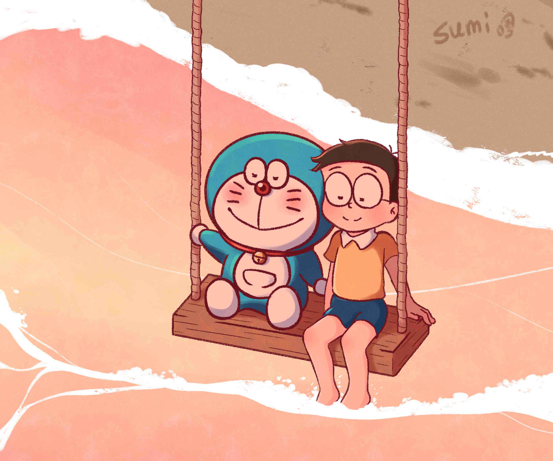 Cute Doraemon And Nobita On A Swing