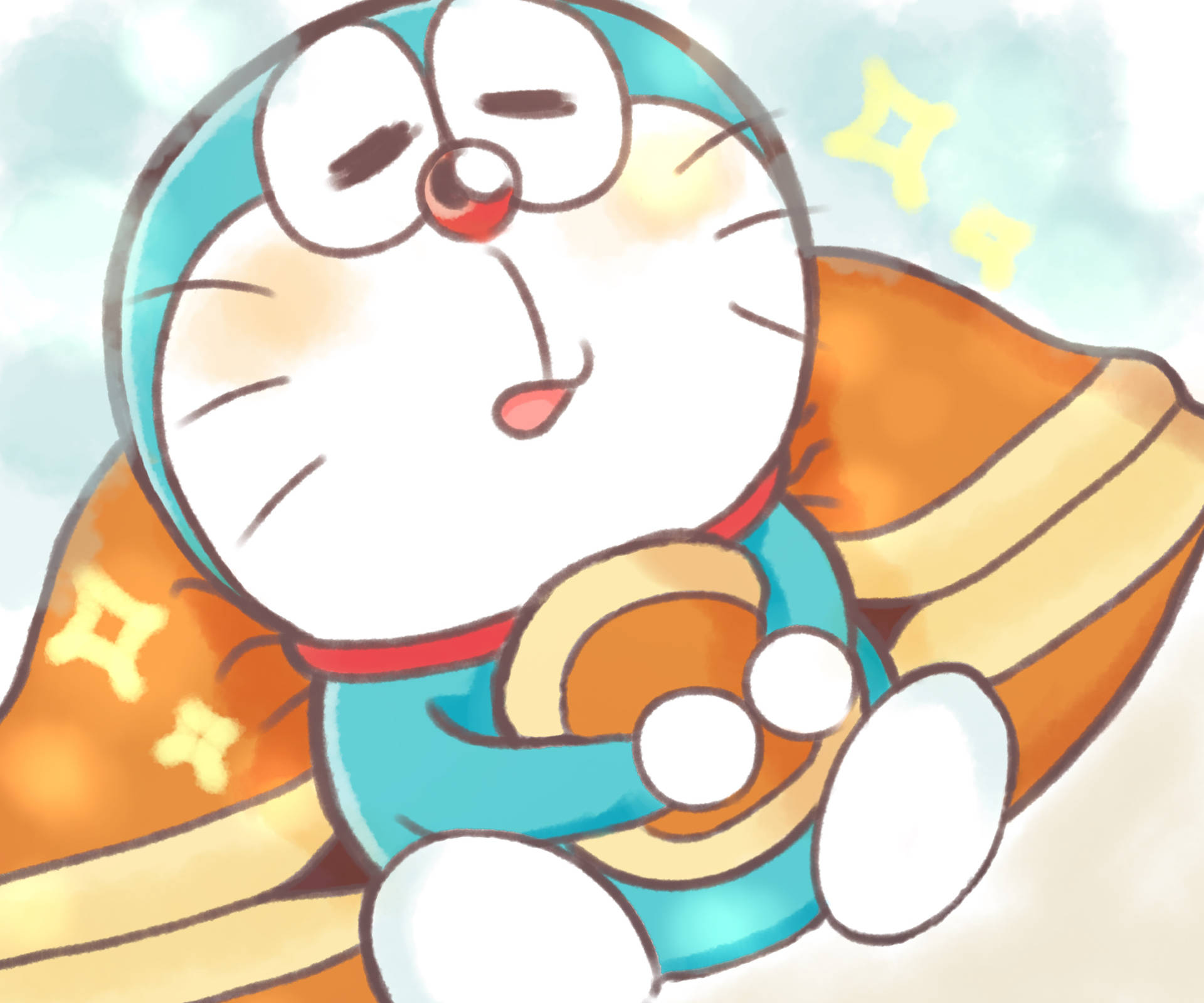 Cute Doraemon Leaning On Big Pillow