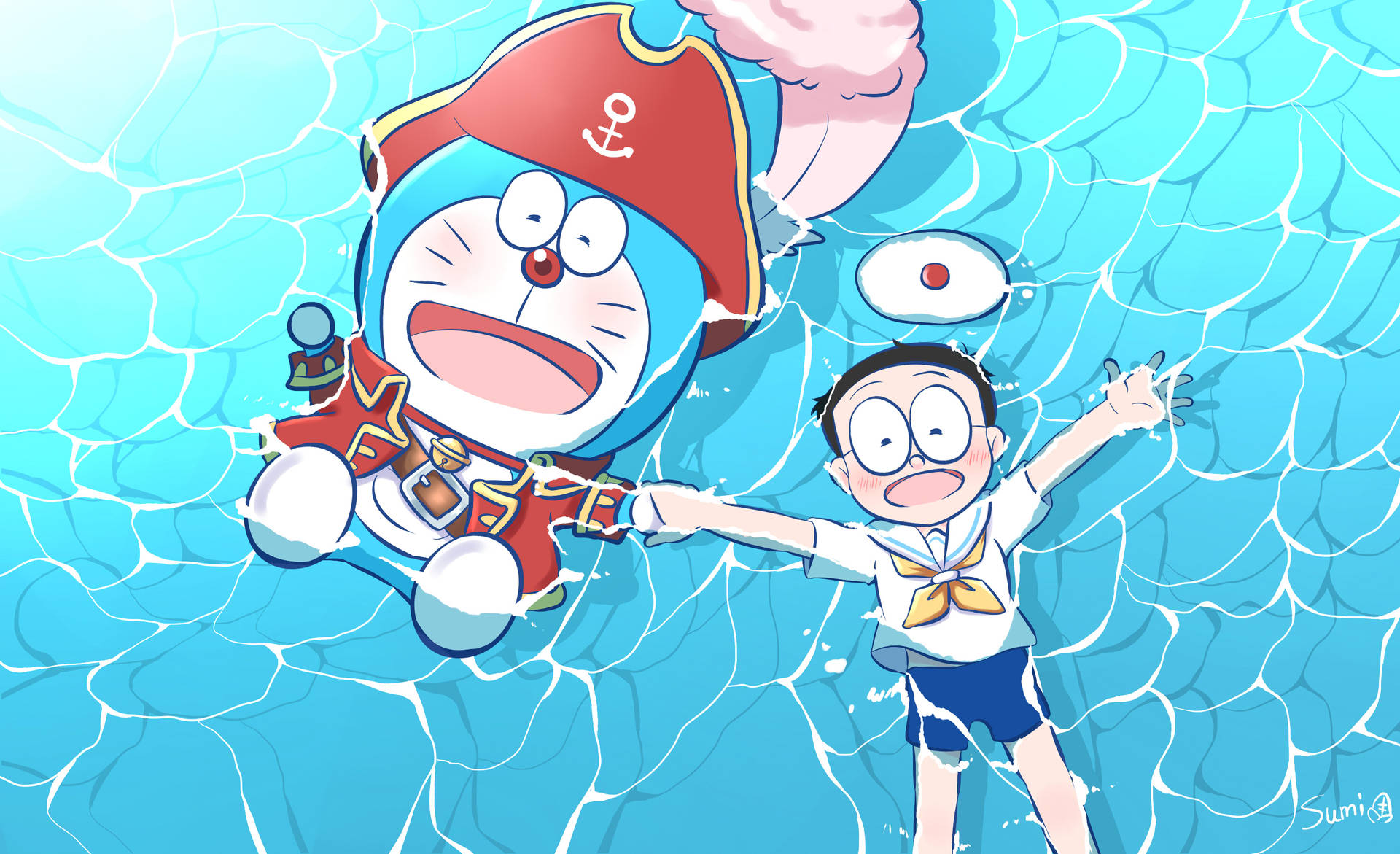 Sød Doraemon Svømmer Med Nobita Wallpaper