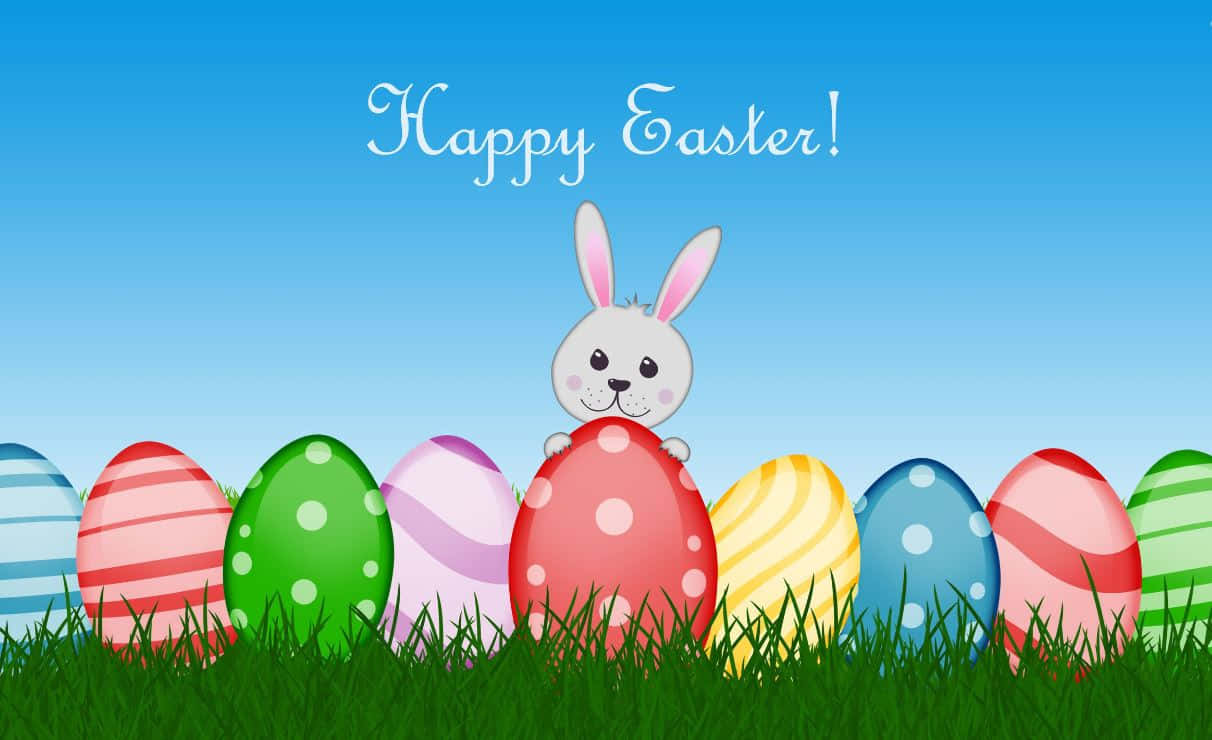 Caption: Adorable Easter Bunnies with Colorful Eggs on a Spring-Inspired Background