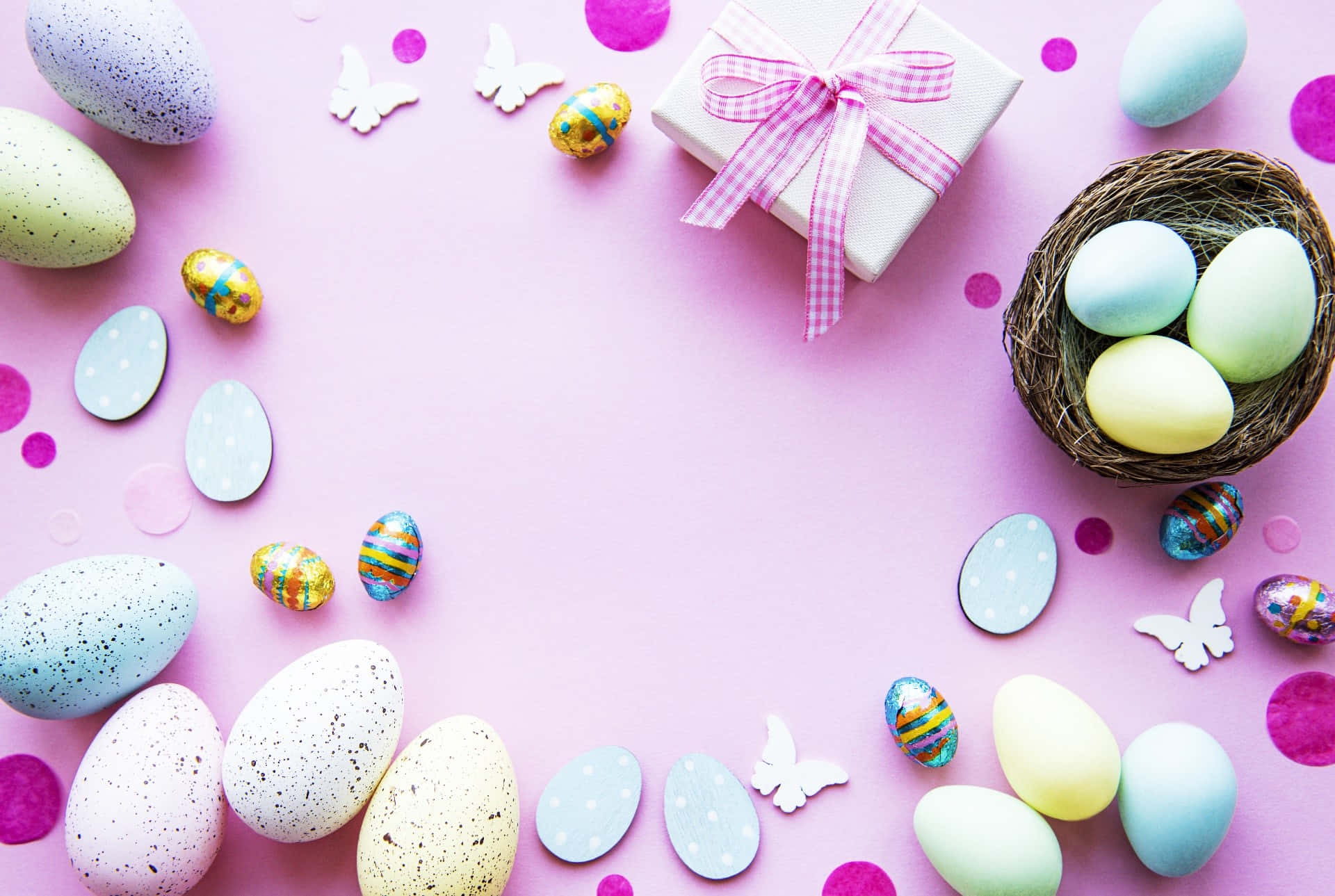 Adorable Easter Bunnies with Colorful Eggs and Flowers