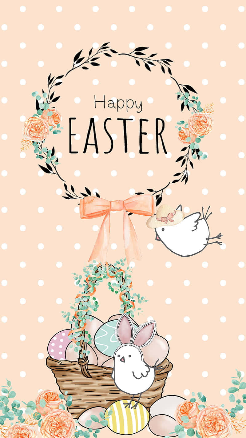 Happy Easter Card With A Basket And Flowers Wallpaper