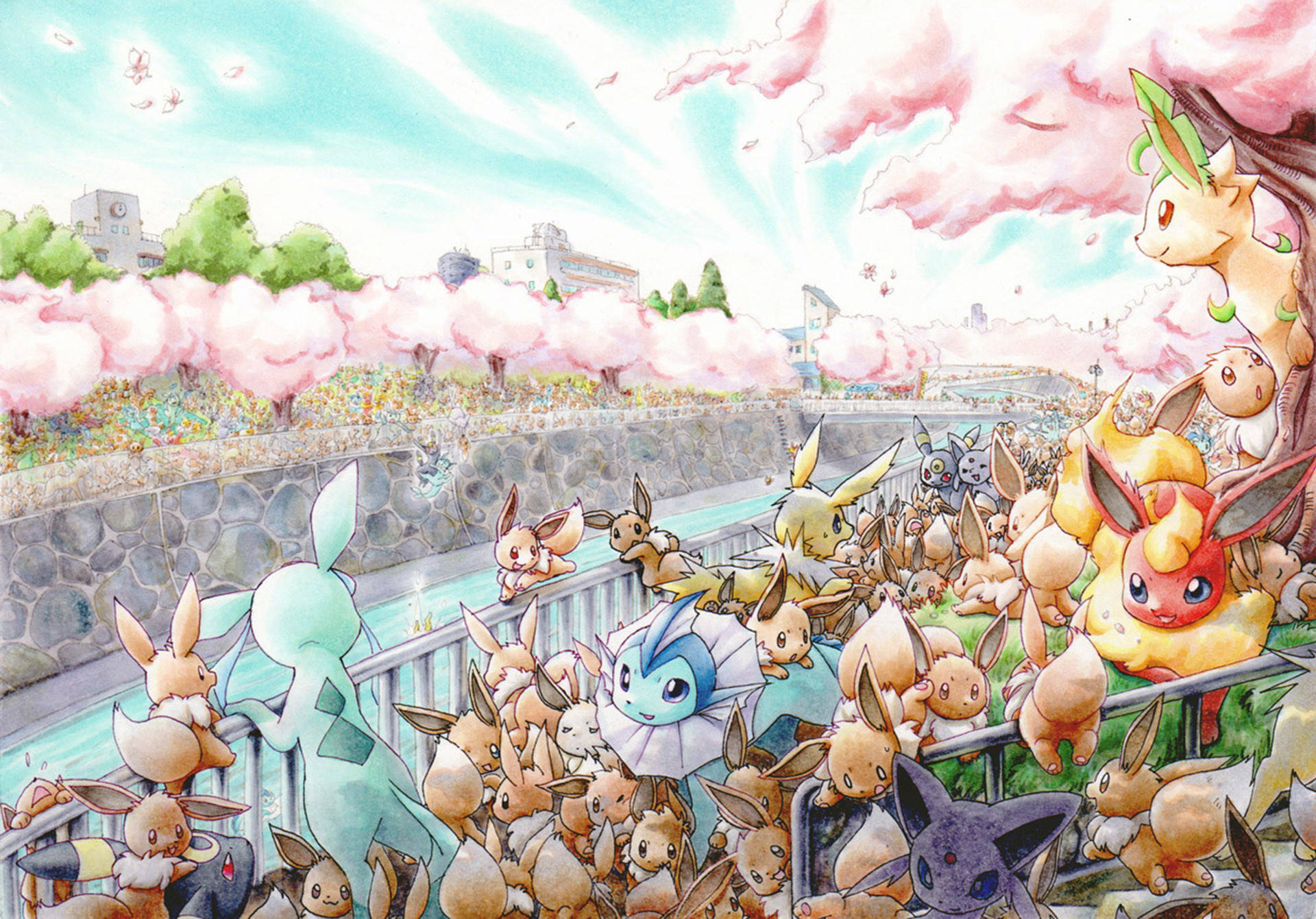An Adorable Scene With All The Cute Eeveelutions Wallpaper