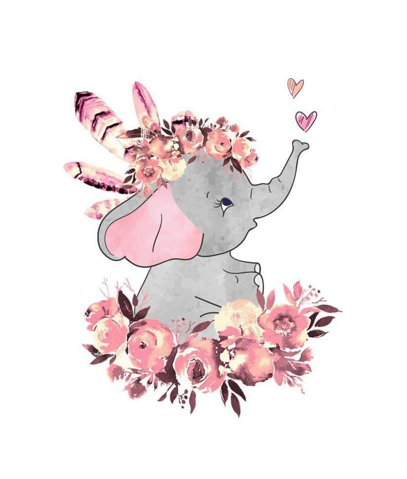 Cute Elephant Flowers And Hearts Wallpaper