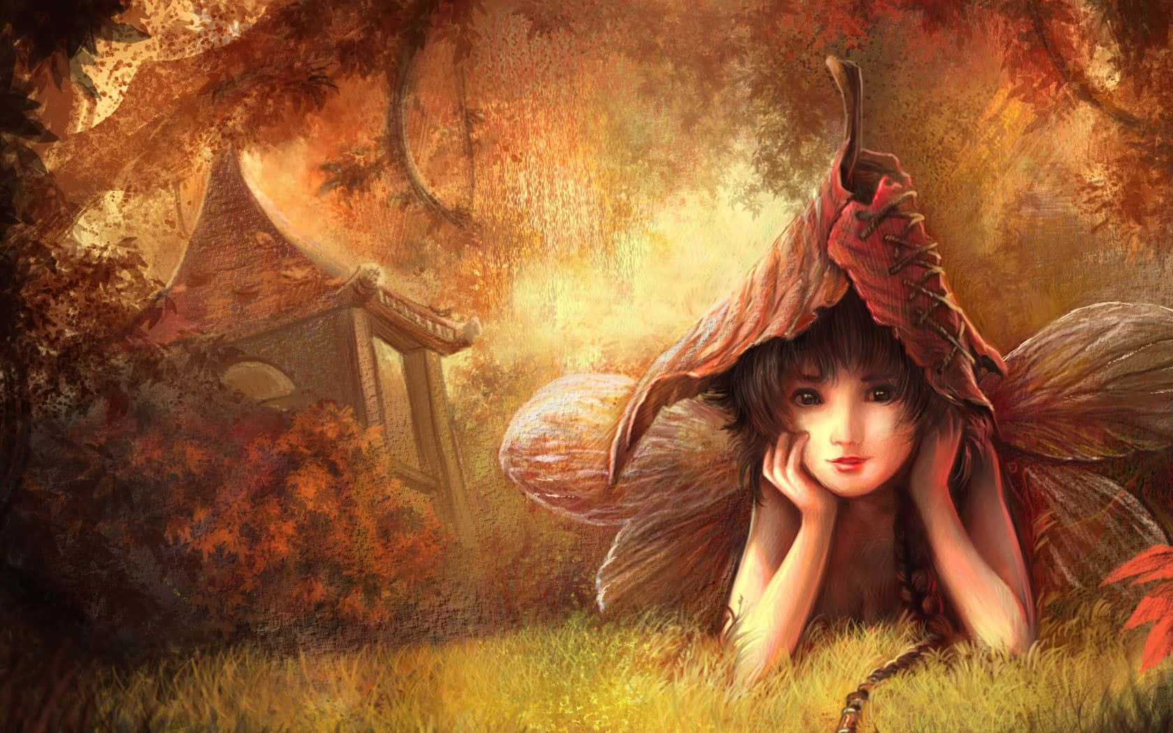 A charming little fairy spreading magical stardust in an enchanted forest Wallpaper