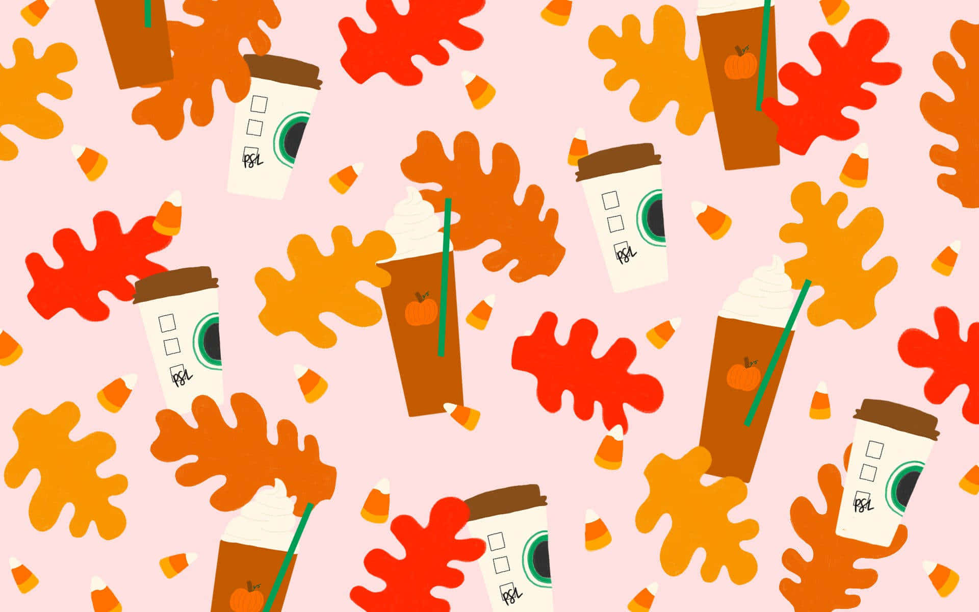Starbucks Pattern With Leaves And Coffee Cups Wallpaper