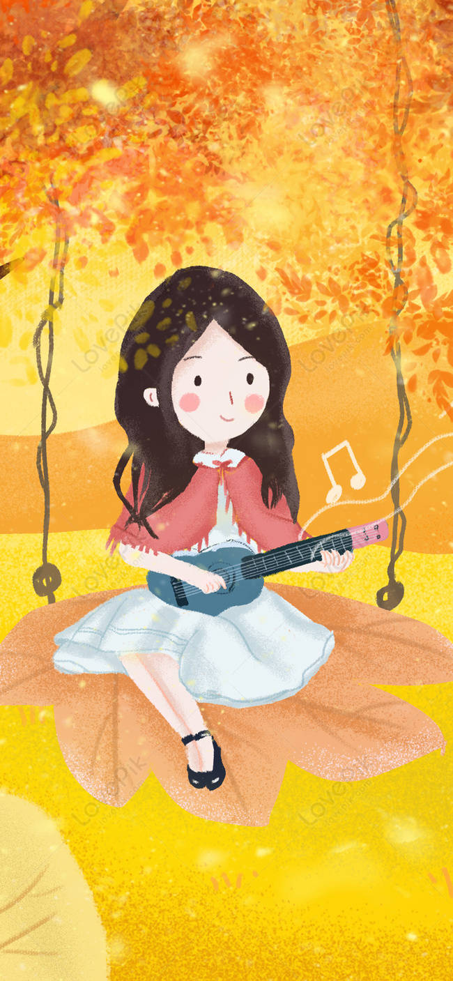 Cute Fall Phone Girl Playing Guitar Wallpaper