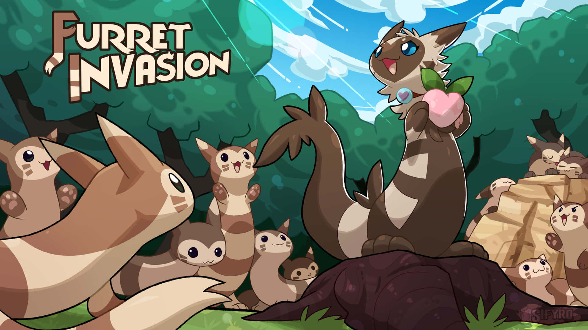 Cute Family Furret Invasion Wallpaper