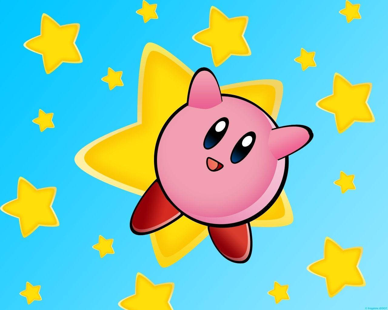 Fantastic and adorable wallpaper of pink Kirby with fluffy stars