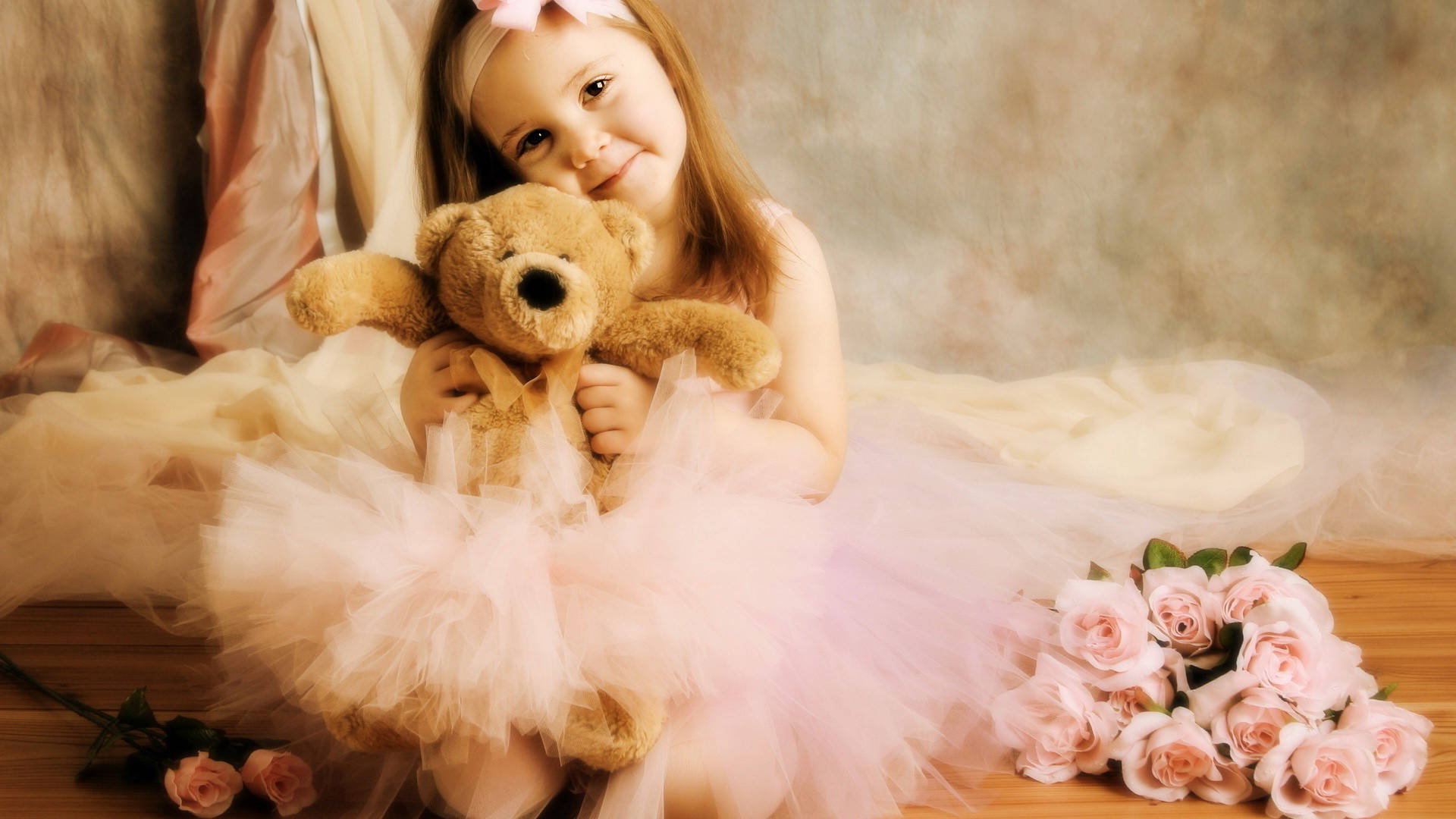 Cute Flower Girl With Teddy Bear Wallpaper