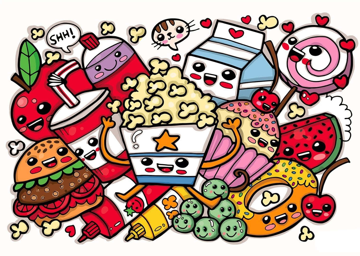 Cute Food Characters on Blue Background