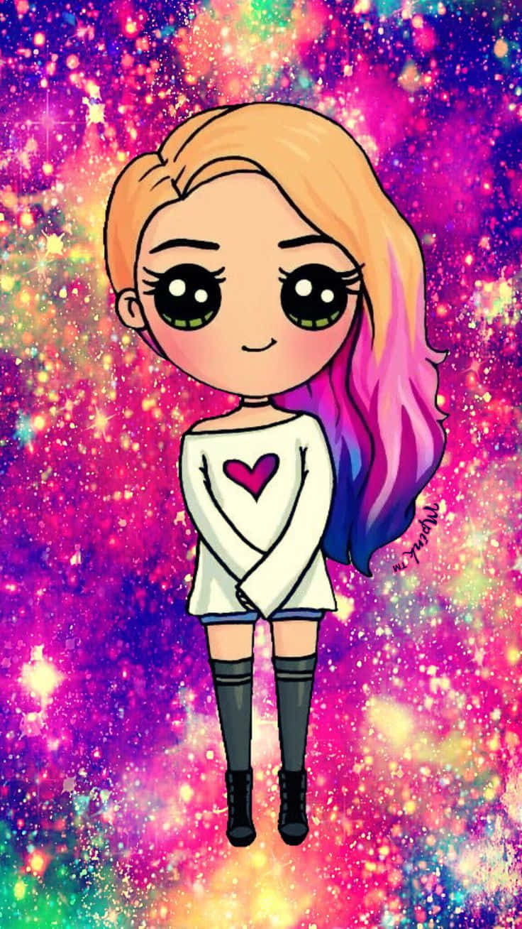 A Cartoon Girl With Colorful Hair And A Black Shirt