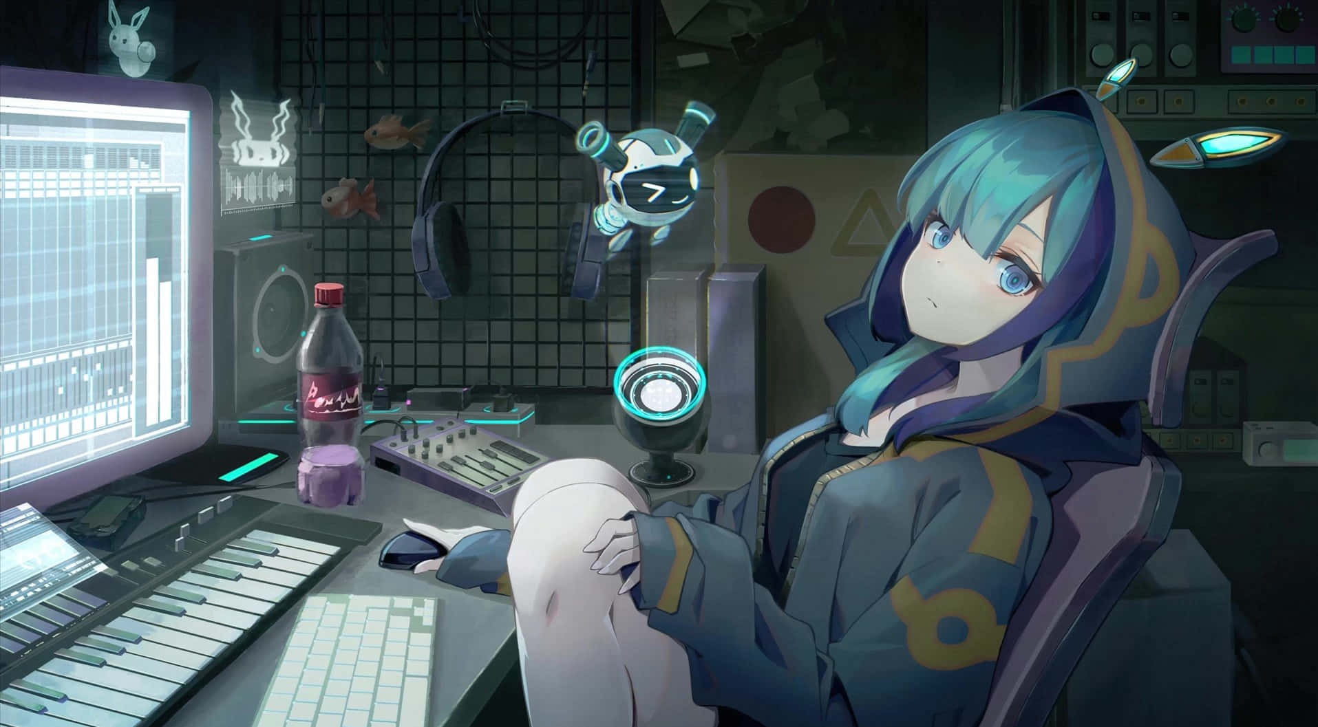 Sød gamer Hatsune Miku med computer opsætnings tapet Wallpaper