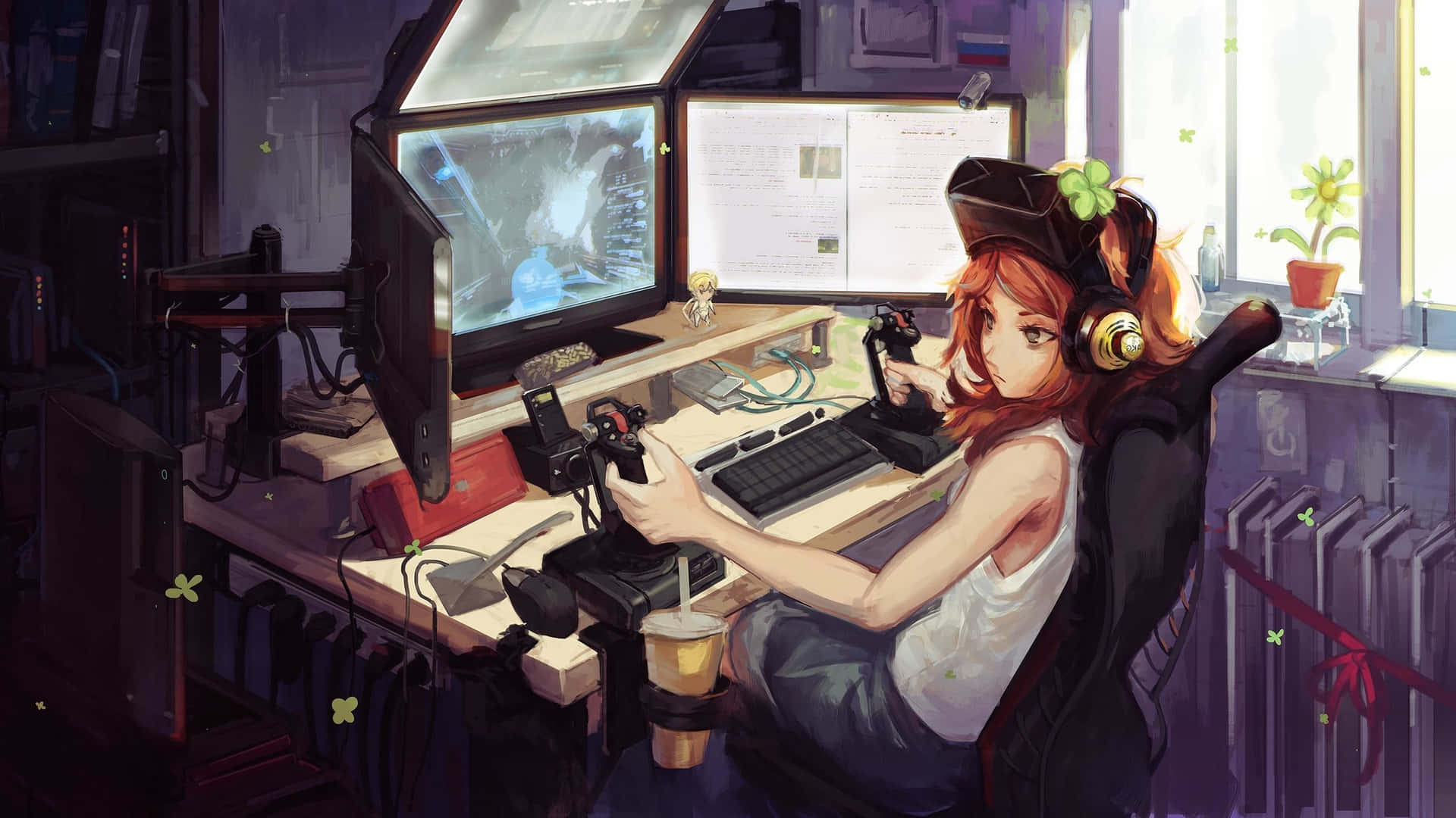A Girl Sitting At A Desk With A Computer Wallpaper