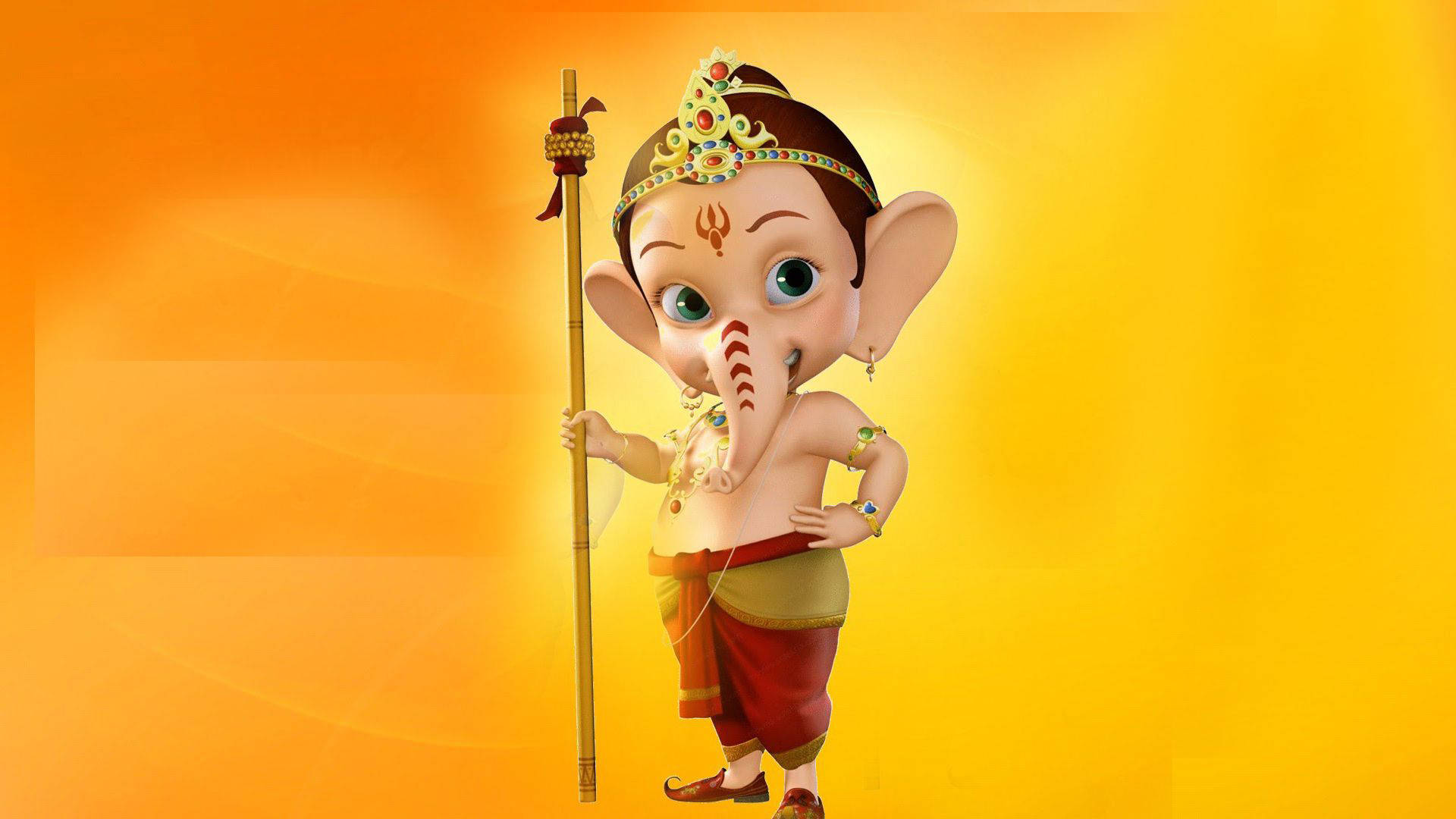 Download Cute Ganesha Holding Bamboo Stick Wallpaper 
