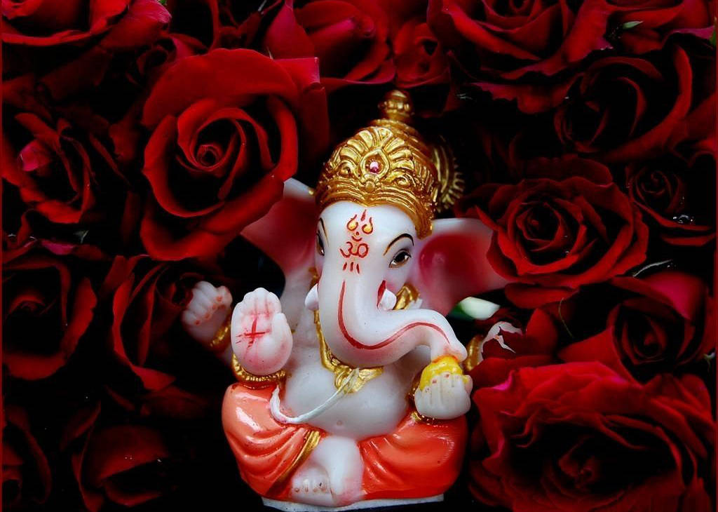 Cute Ganesha On Red Roses Wallpaper