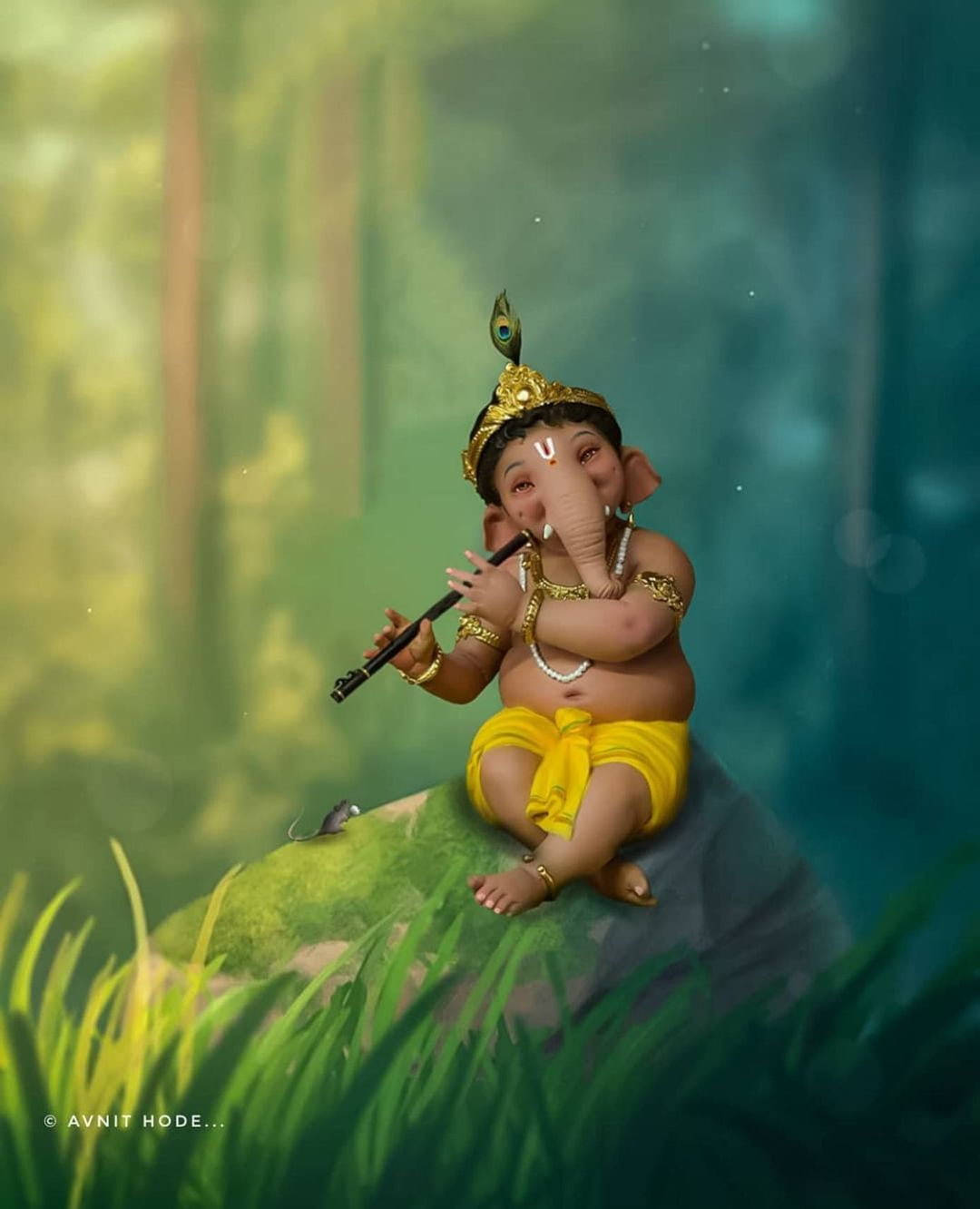 Sød Ganesha spiller fløjte i skoven. Wallpaper