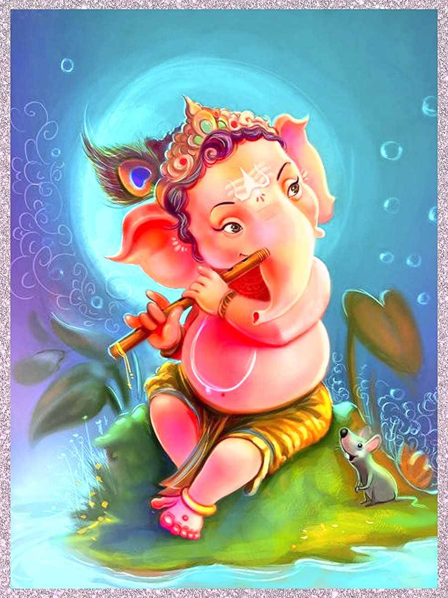 Divine Melody – Cute Ganesha Playing Flute Wallpaper