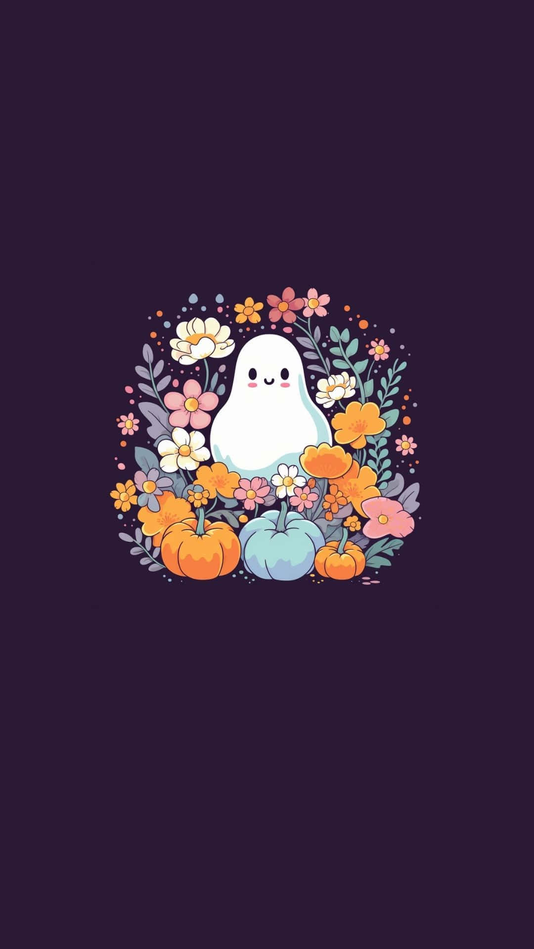 Cute Ghost Among Flowersand Pumpkins Wallpaper