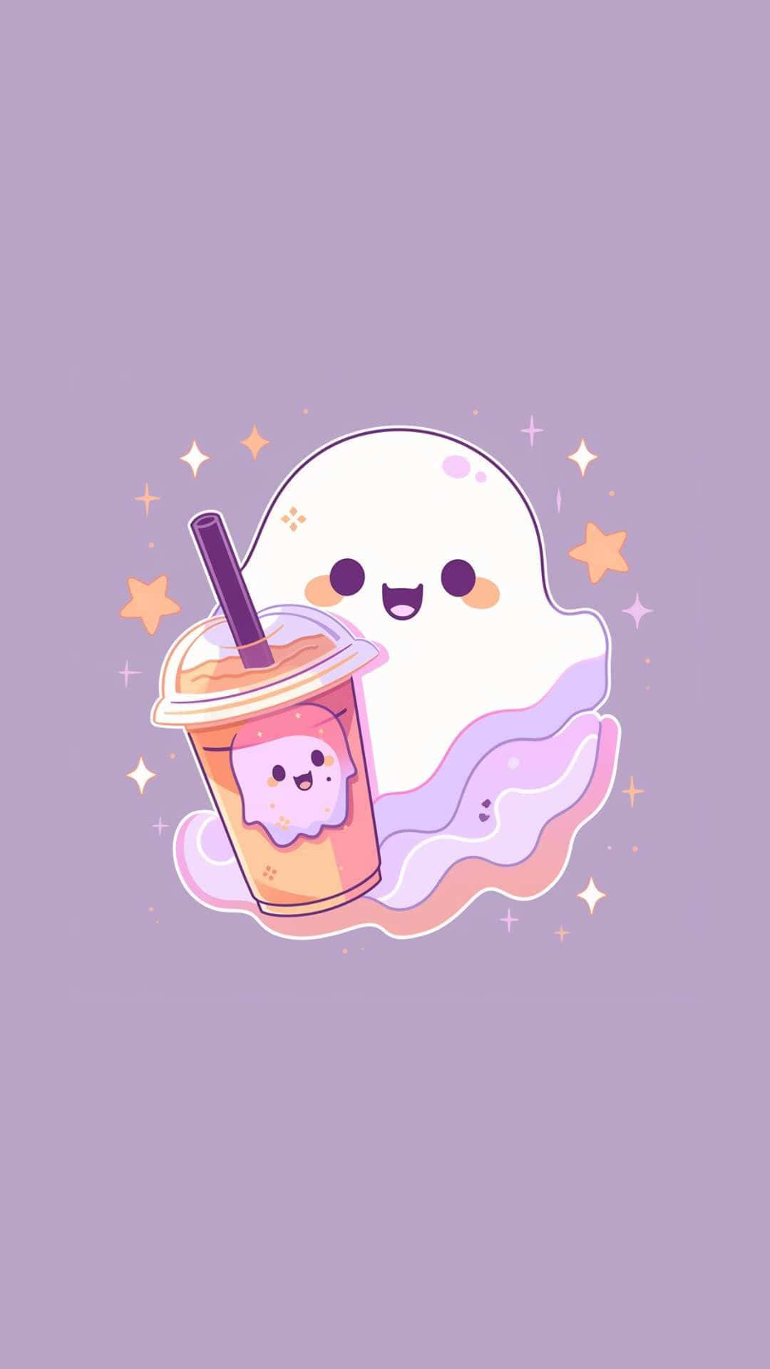 Cute Ghost With Boba Drink Illustration Wallpaper