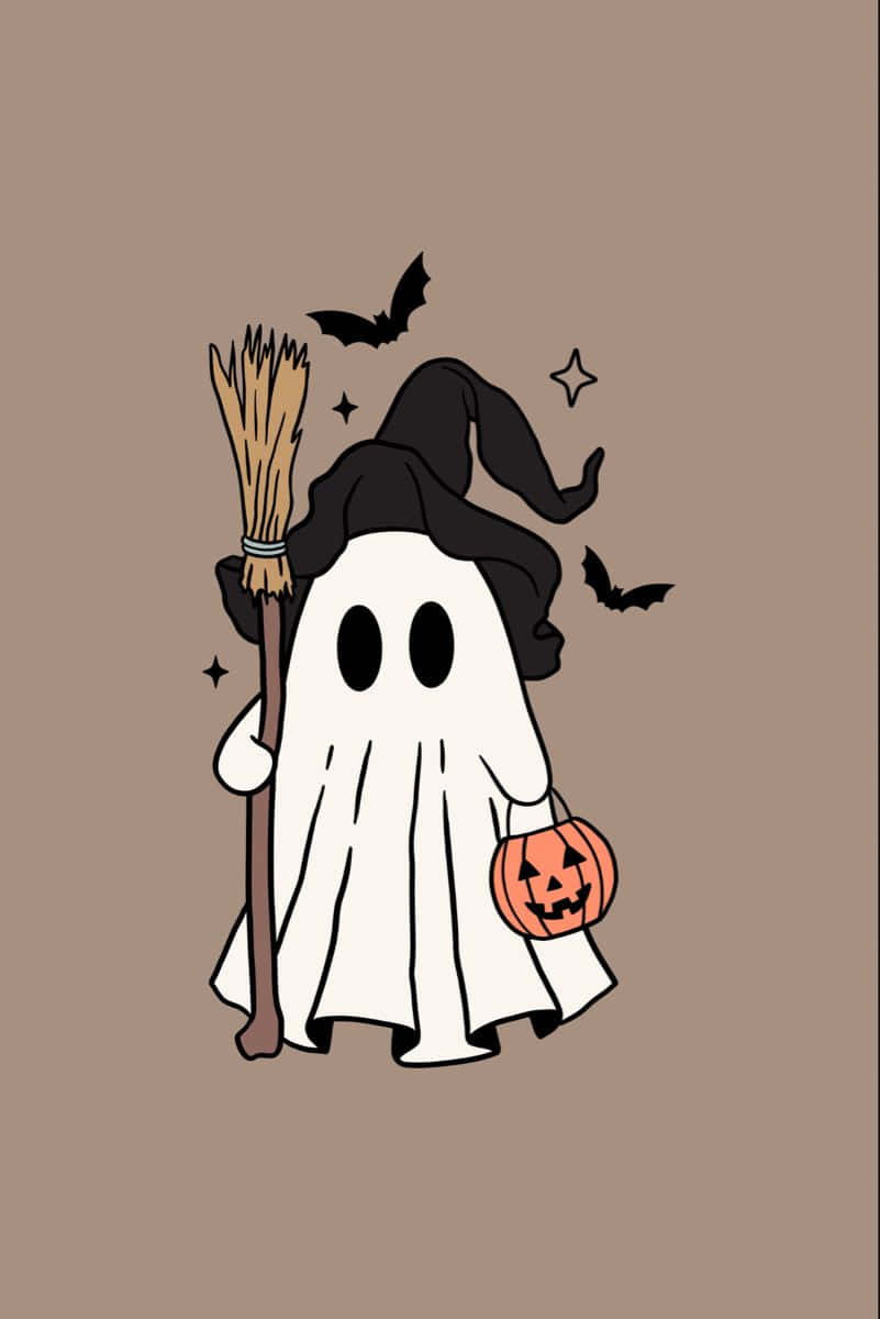 Cute Ghost With Witch Hatand Broom Wallpaper