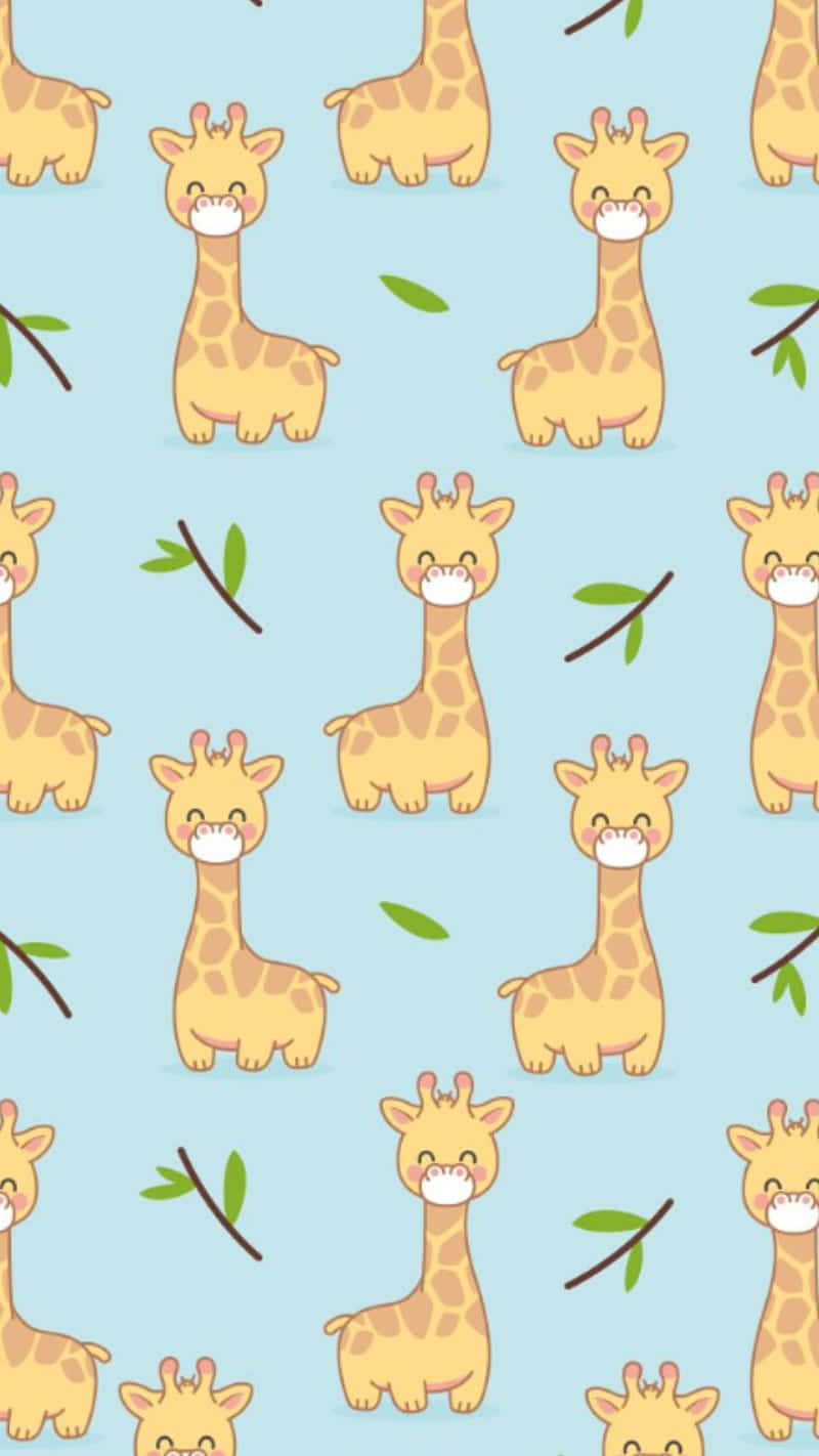 Cute Giraffe Pastel Blå Med Blade Mønster Tapet Wallpaper