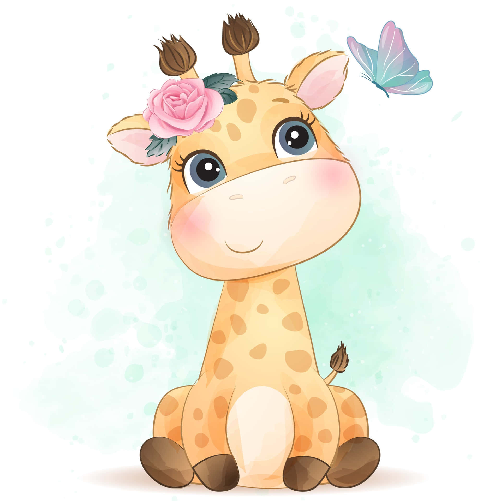 Cute Giraffe Cartoon With Rose And Butterfly Picture