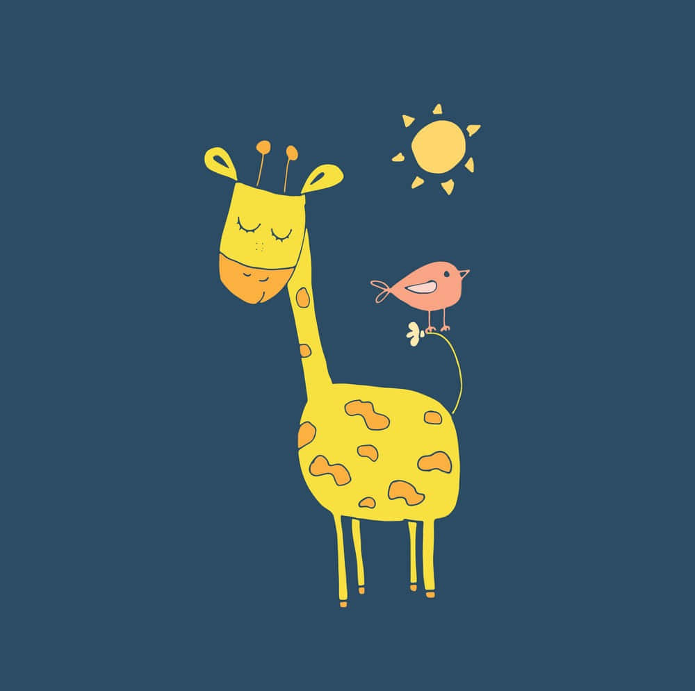 Cute Giraffe Drawing With Bird On Tail Under Sun Picture