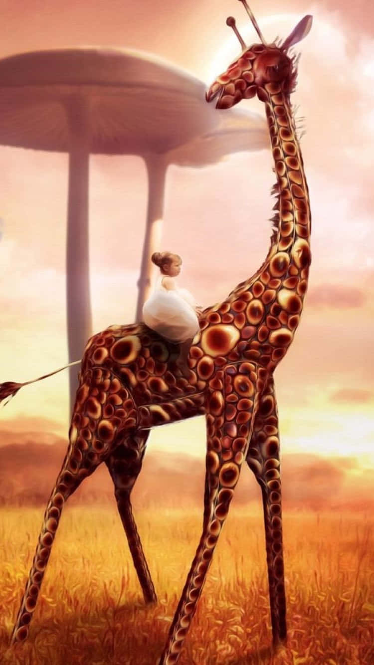 Nuttet giraf med en ung pige på ryggen Wallpaper