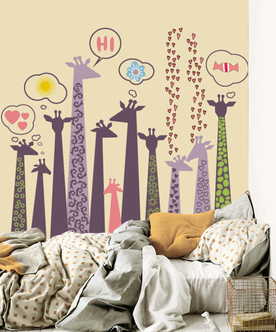 Cute Giraffes Mural Painting On Bedroom Wallpaper