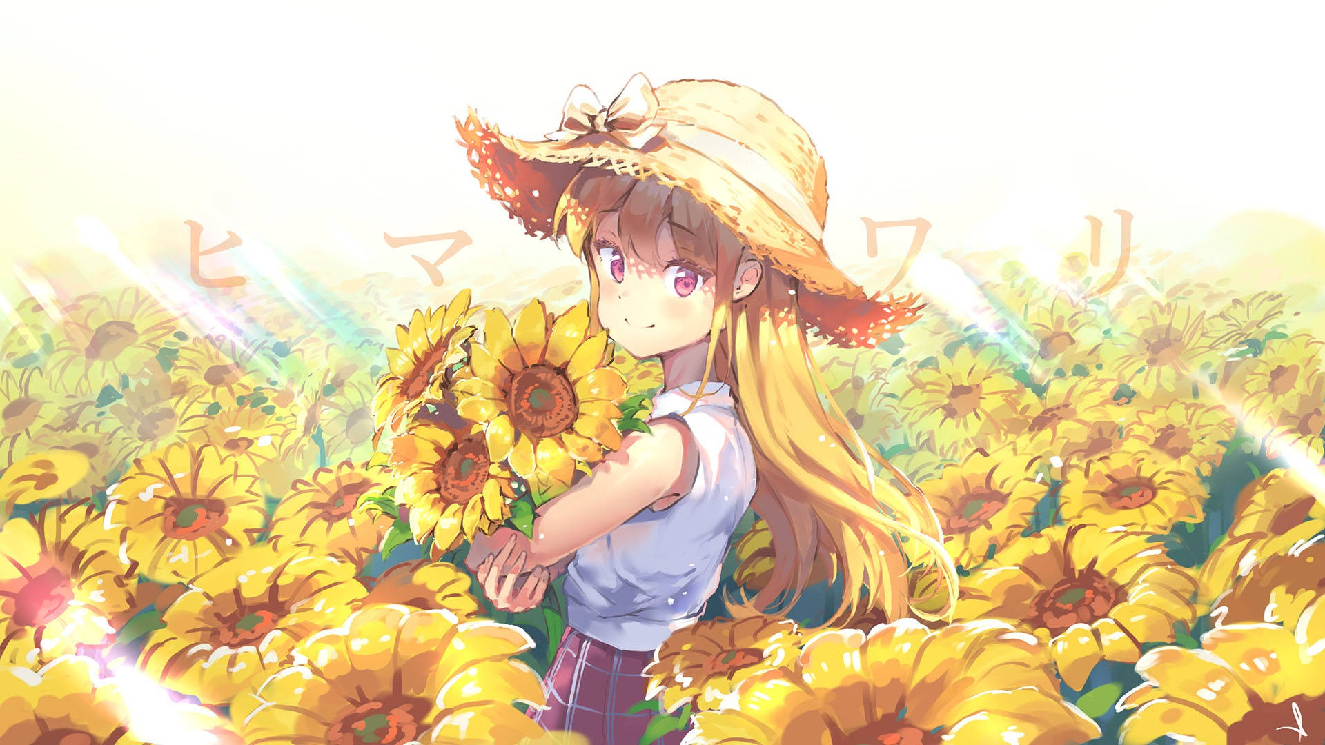 Cute Girl Anime In Sunflower Garden Background